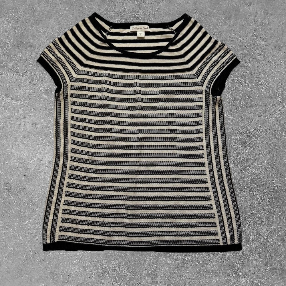 Coldwater Creek Womens L 14 Silk Cotton Striped Knit Top Black Cream 4022508